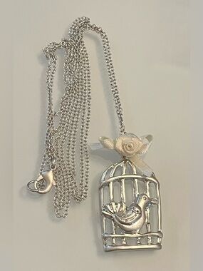Silver tone bird cage pendant necklace long chain 36”